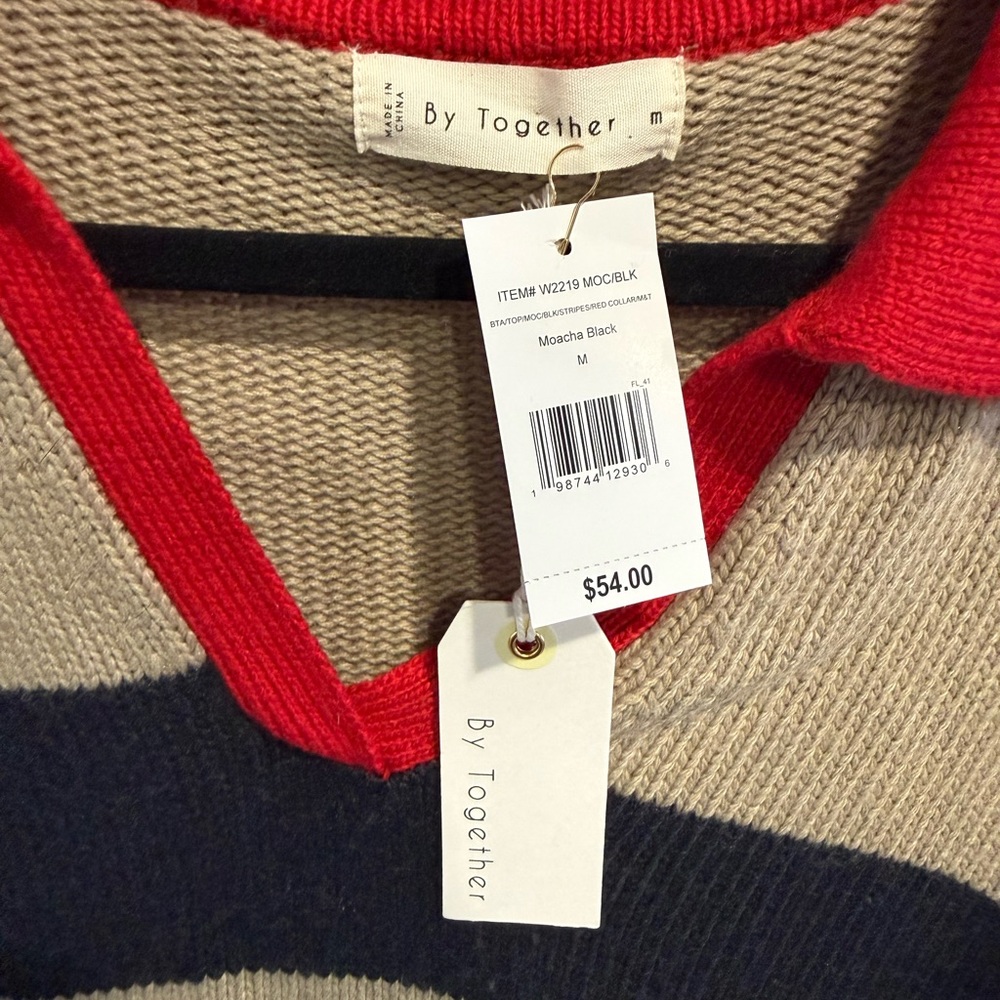 By Together Red Collar V-Neck Sweater - Picture 2 of 4